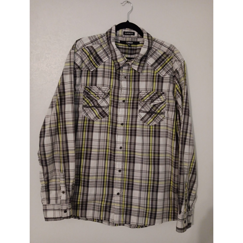 Carbon Button-up Shirt Men's XXL Black Gray Yellow White Plaid Long‎ Sleeved